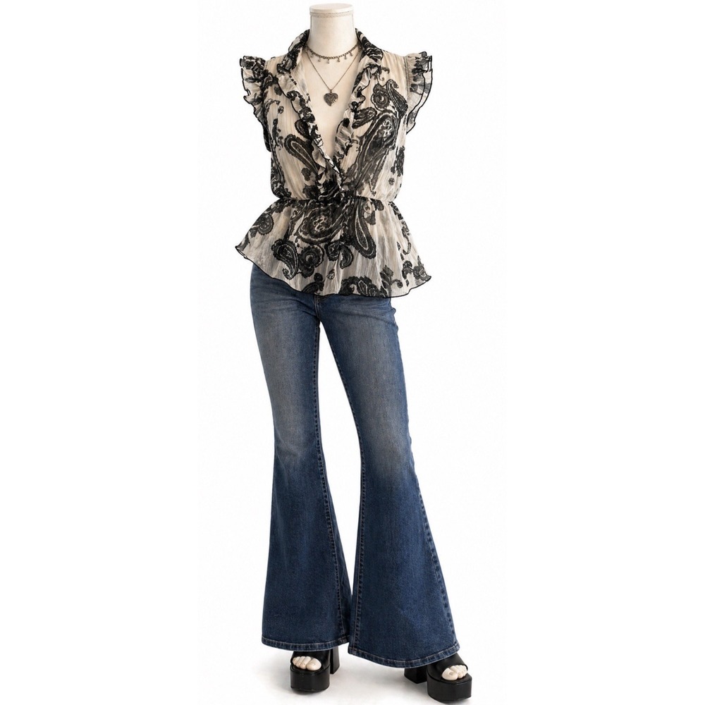 VTG 90s Wet Seal‎ Y2K Sheer Paisley Ruffle Festival Boho Indie Top L USA BLK WHT